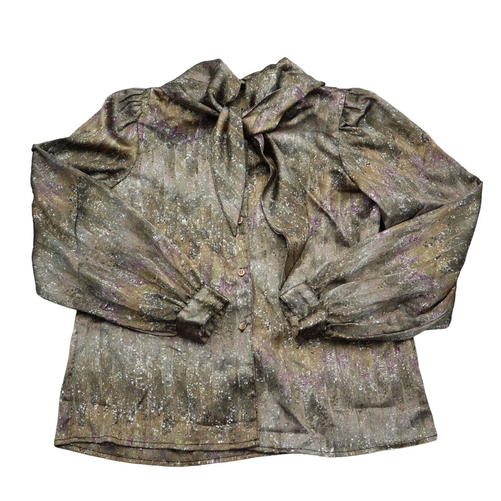 Eva Laurel New York Shirt Womens 10 Brown Button Up Puff Sleeve Tie Neck Top